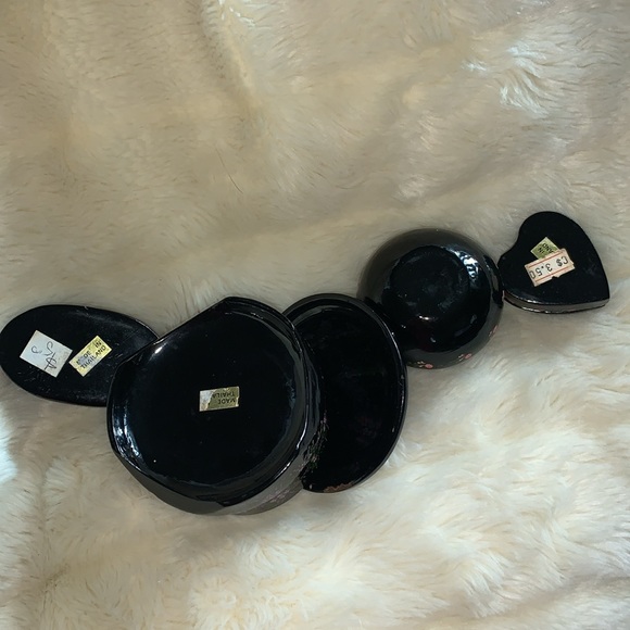Vtg 70's hand painted black lacquered WOOD trinket box coaster set LOT - Picture 8 of 12